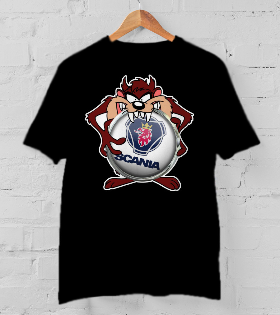 TAZ SCANIA Logo With Cartoon Character Holding Emblem T-Shirt
