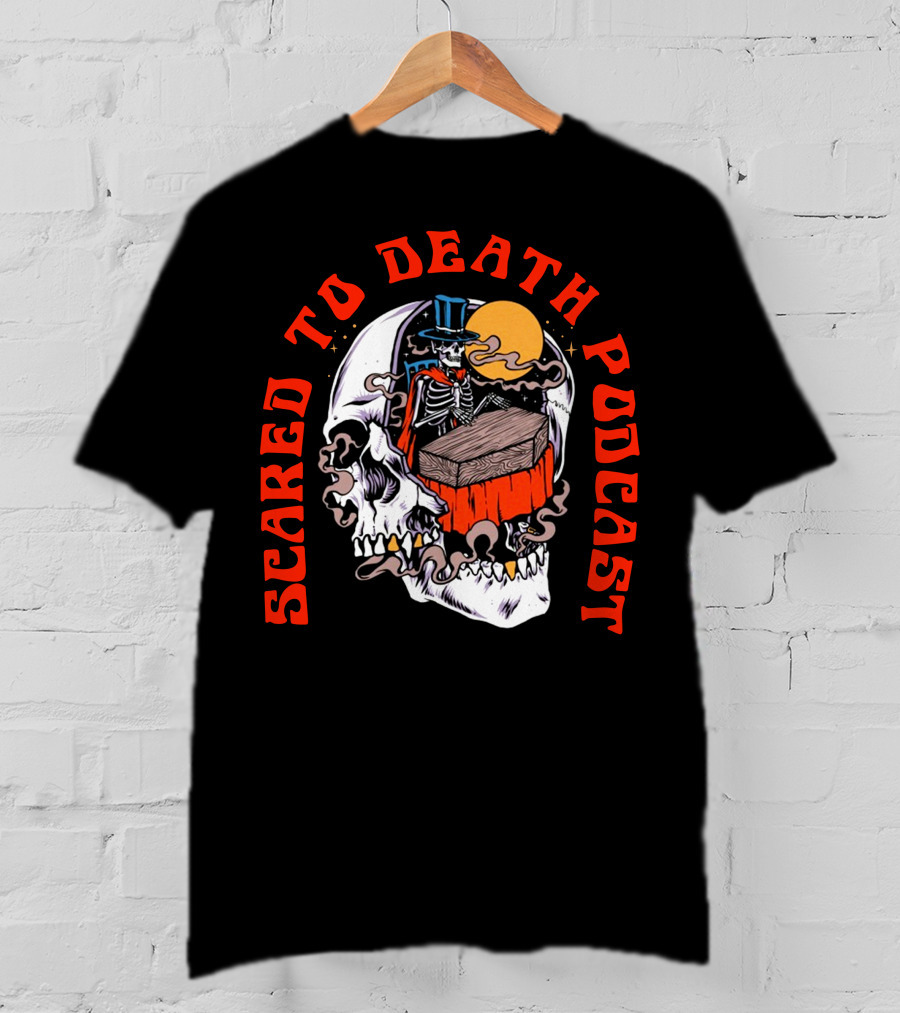 Scared To Death Podcast Skeleton Coffin Moon Skull T-Shirt