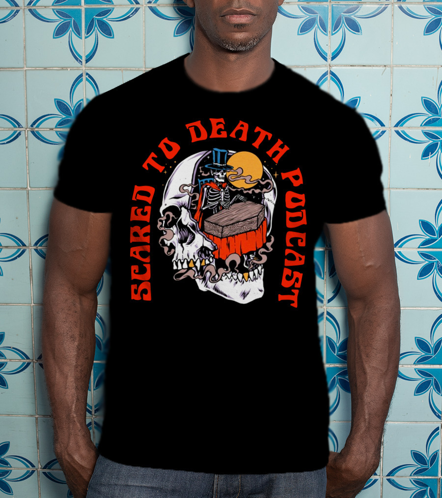 Scared To Death Podcast Skeleton Coffin Moon Skull T-Shirt