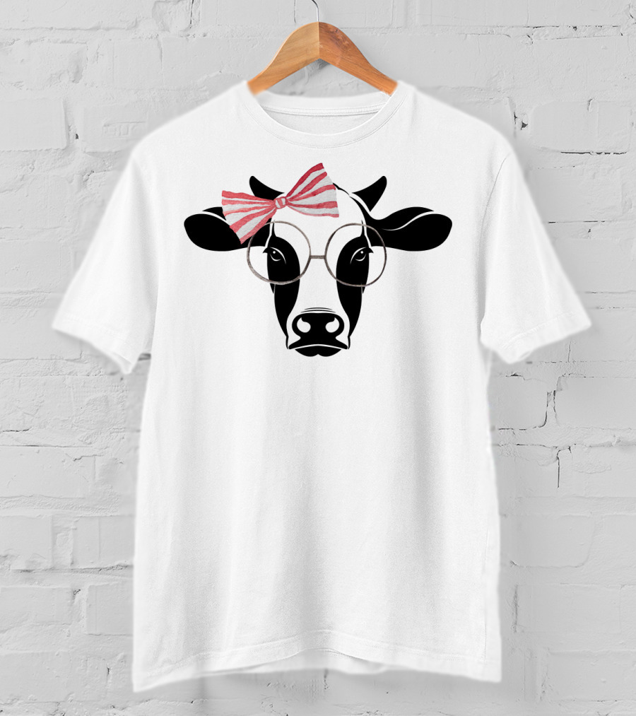 Cute Cow With Pink Striped Bow And Glasses T-Shirt