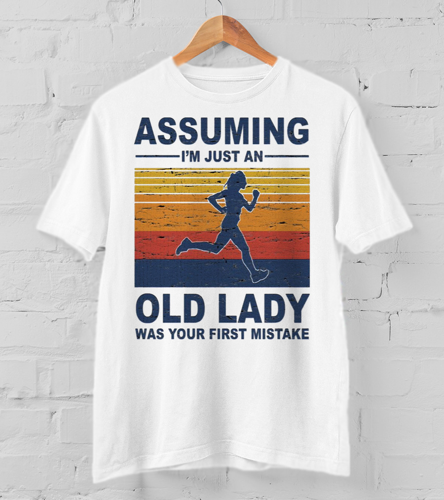 Assuming I'm Just An Old Lady Running Silhouette Retro Stripes T-Shirt