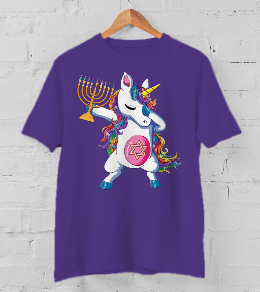 Jewnicorn Hanukkah Unicorn Dabbing With Menorah And Star Of David T-Shirt