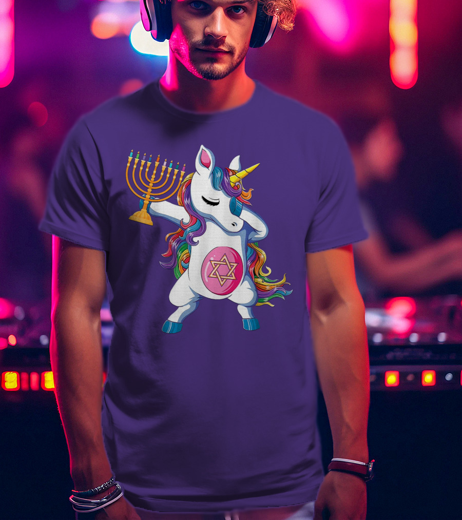 Jewnicorn Hanukkah Unicorn Dabbing With Menorah And Star Of David T-Shirt
