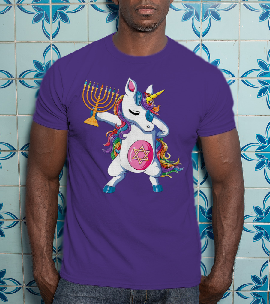 Jewnicorn Hanukkah Unicorn Dabbing With Menorah And Star Of David T-Shirt