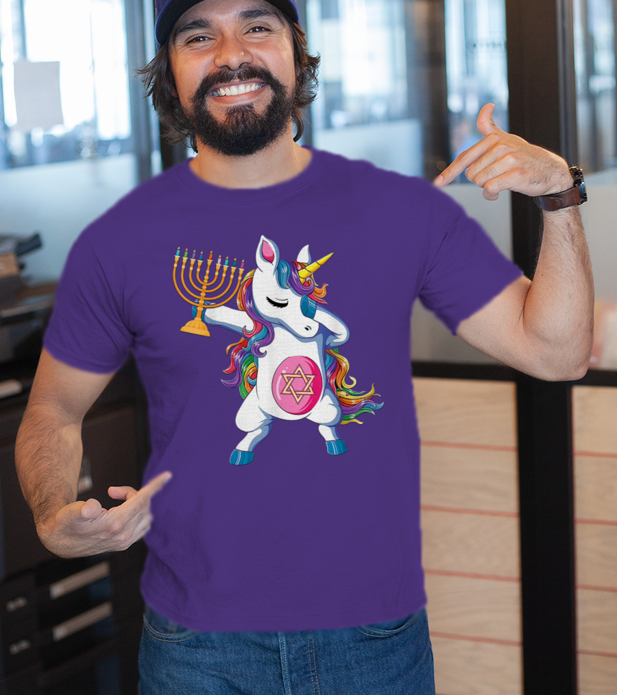 Jewnicorn Hanukkah Unicorn Dabbing With Menorah And Star Of David T-Shirt