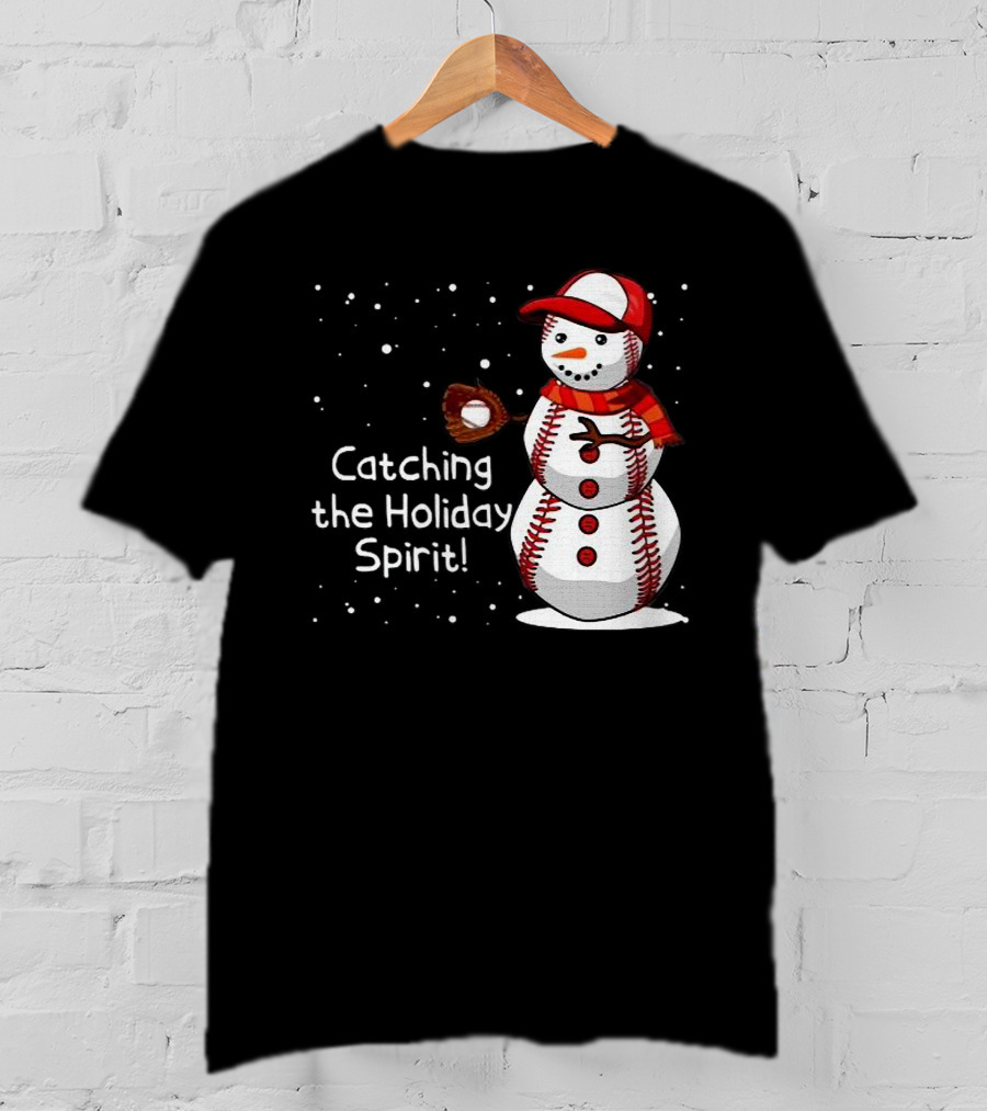 Catching The Holiday Spirit Baseball Snowman With Red Cap And Mitt T-Shirt