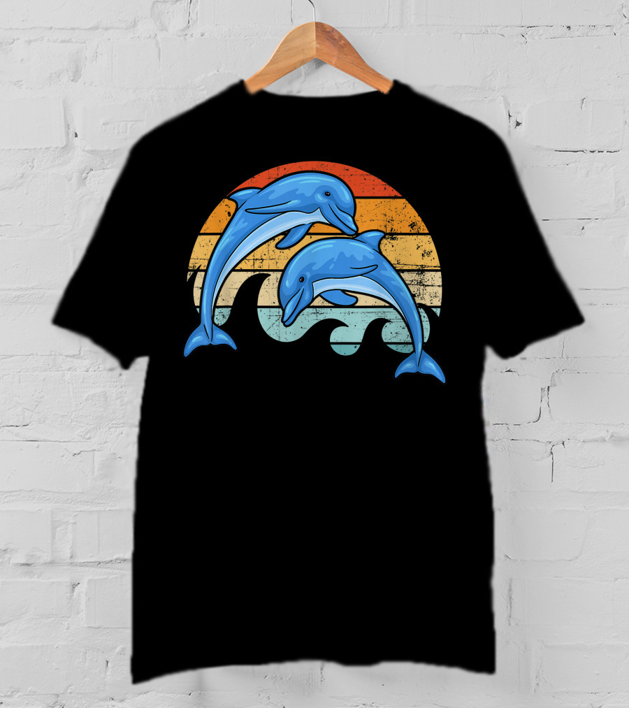 Vintage Sunset Striped Dolphin Pair T-Shirt