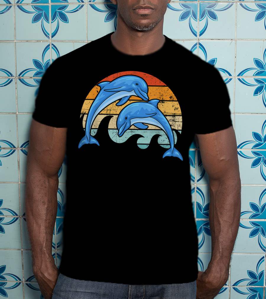 Vintage Sunset Striped Dolphin Pair T-Shirt