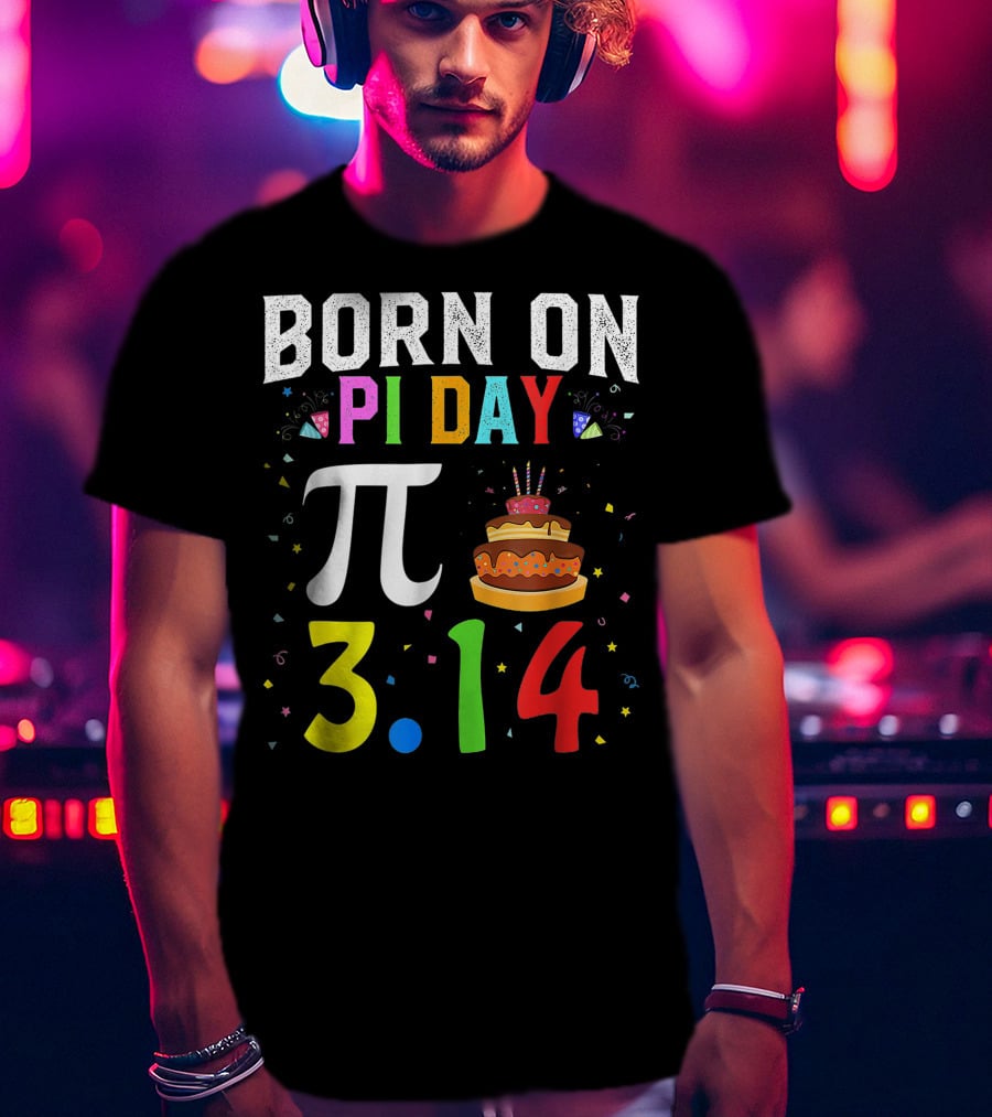 Born On Pi Day 3.14 March Birthday Celebration With Cake And Confetti T-Shirt