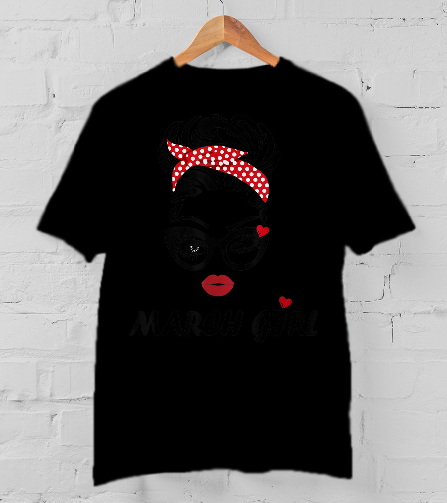 March Girl Wink Eye Woman Face With Red Polka Dot Headband T-Shirt