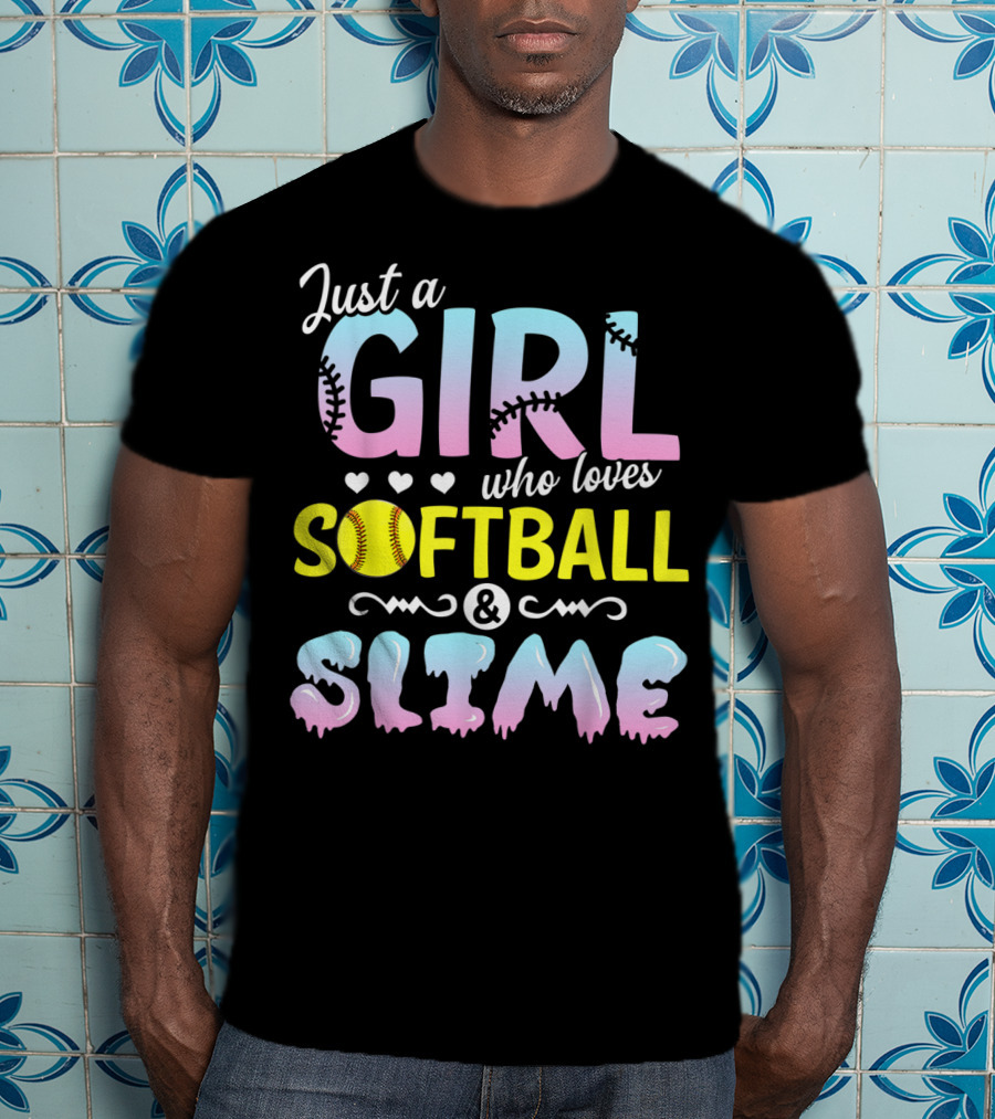 Just A Girl Who Loves Softball And Slime With Pastel Letters And Baseball Stitching T-Shirt