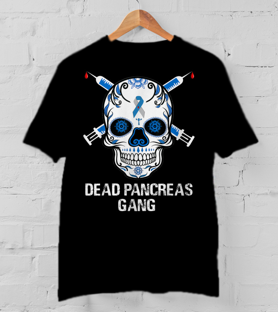 Dead Pancreas Gang Skull Diabetes Awareness Blue Ribbon Syringes T-Shirt