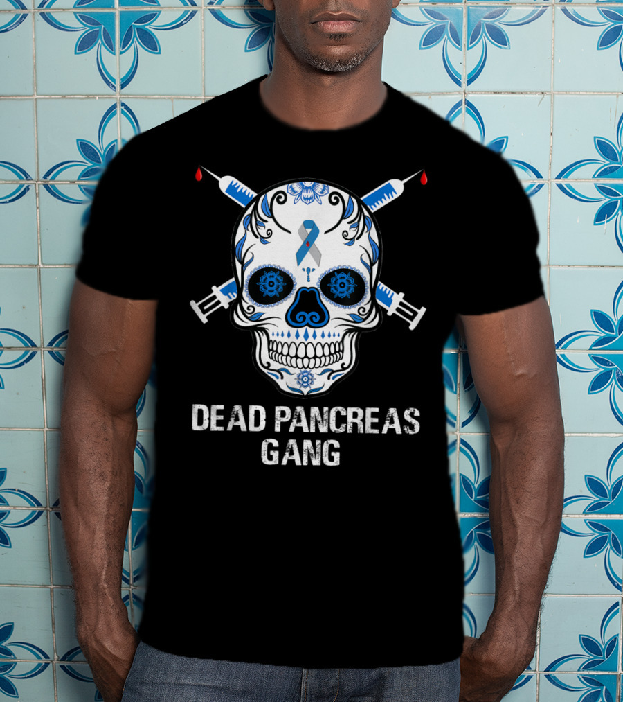Dead Pancreas Gang Skull Diabetes Awareness Blue Ribbon Syringes T-Shirt