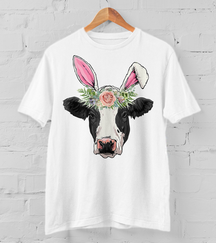 Funny Cow Easter Bunny Flower Crown T-Shirt