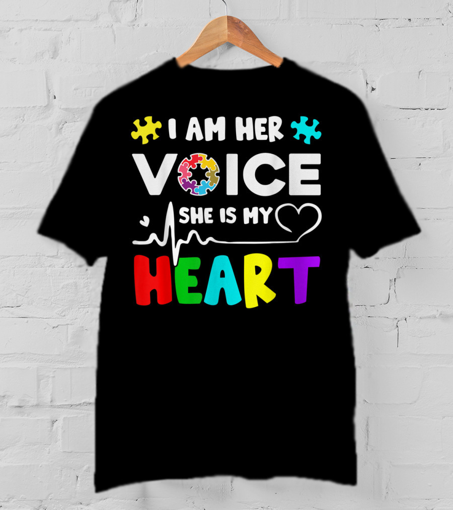 I Am Her Voice She Is My Heart Autism Awareness Puzzle Pieces T-Shirt