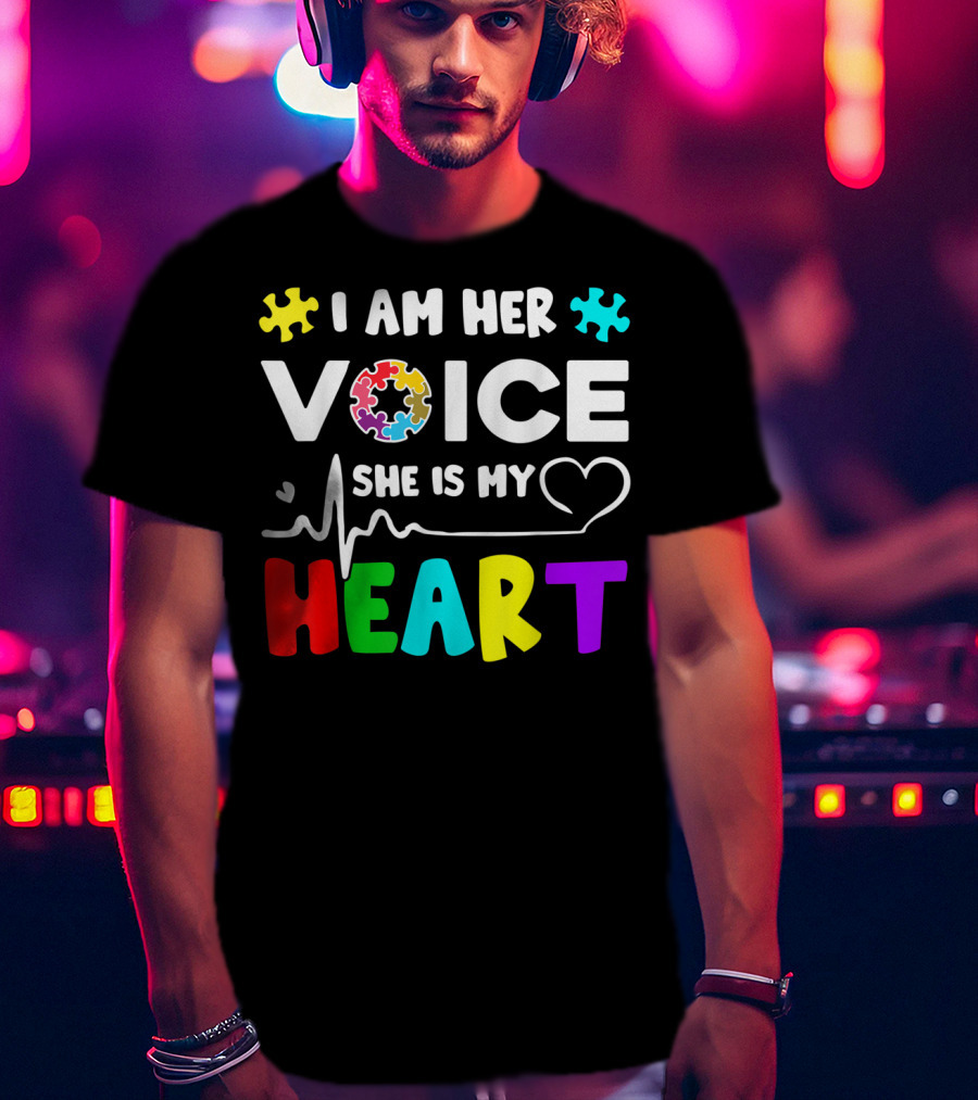 I Am Her Voice She Is My Heart Autism Awareness Puzzle Pieces T-Shirt
