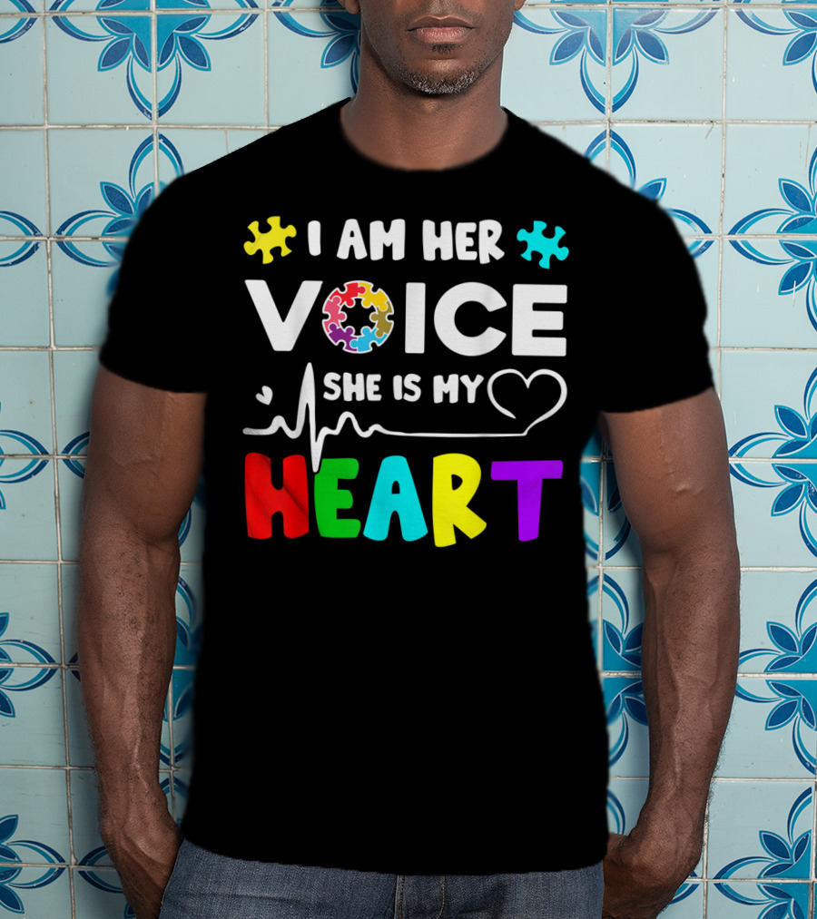 I Am Her Voice She Is My Heart Autism Awareness Puzzle Pieces T-Shirt