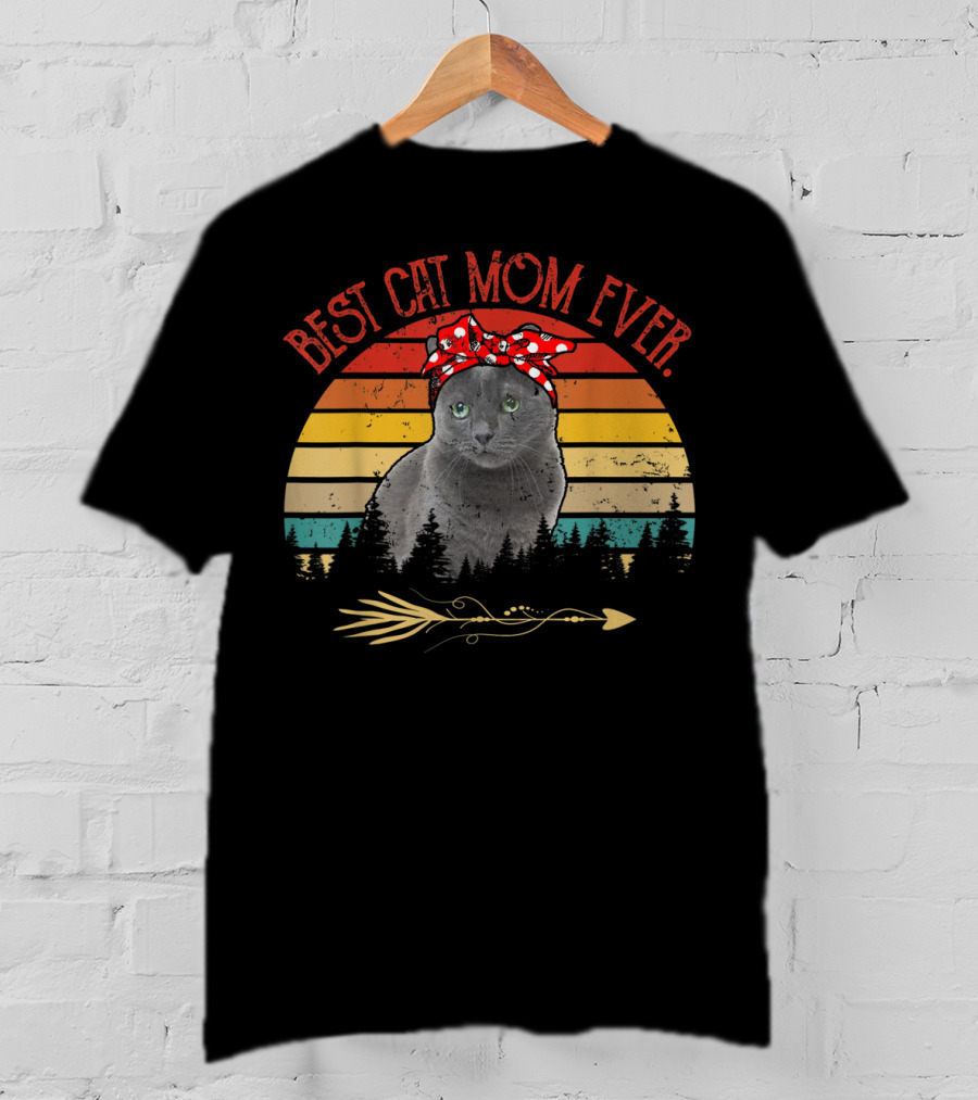 Best Cat Mom Ever Vintage Russian Blue Cat Sunset T-Shirt