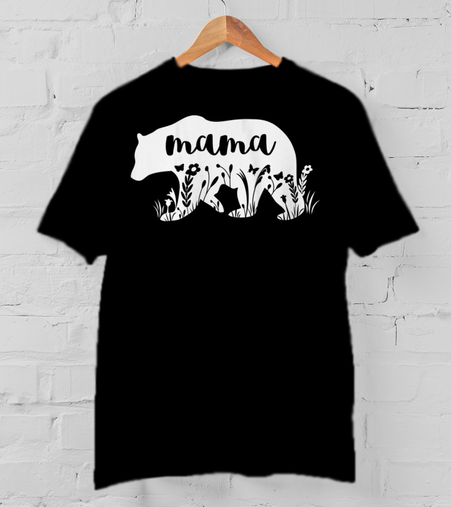 Mama Bear Floral With Flowers And Butterflies Motif T-Shirt