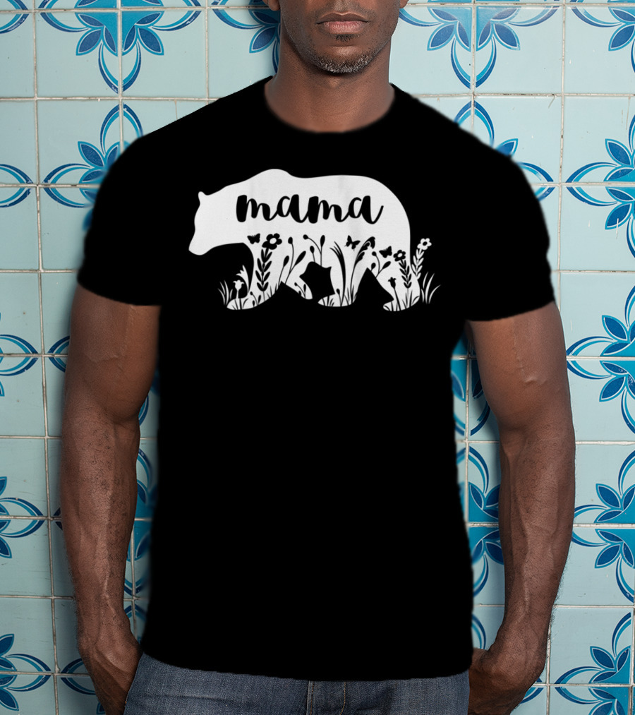Mama Bear Floral With Flowers And Butterflies Motif T-Shirt