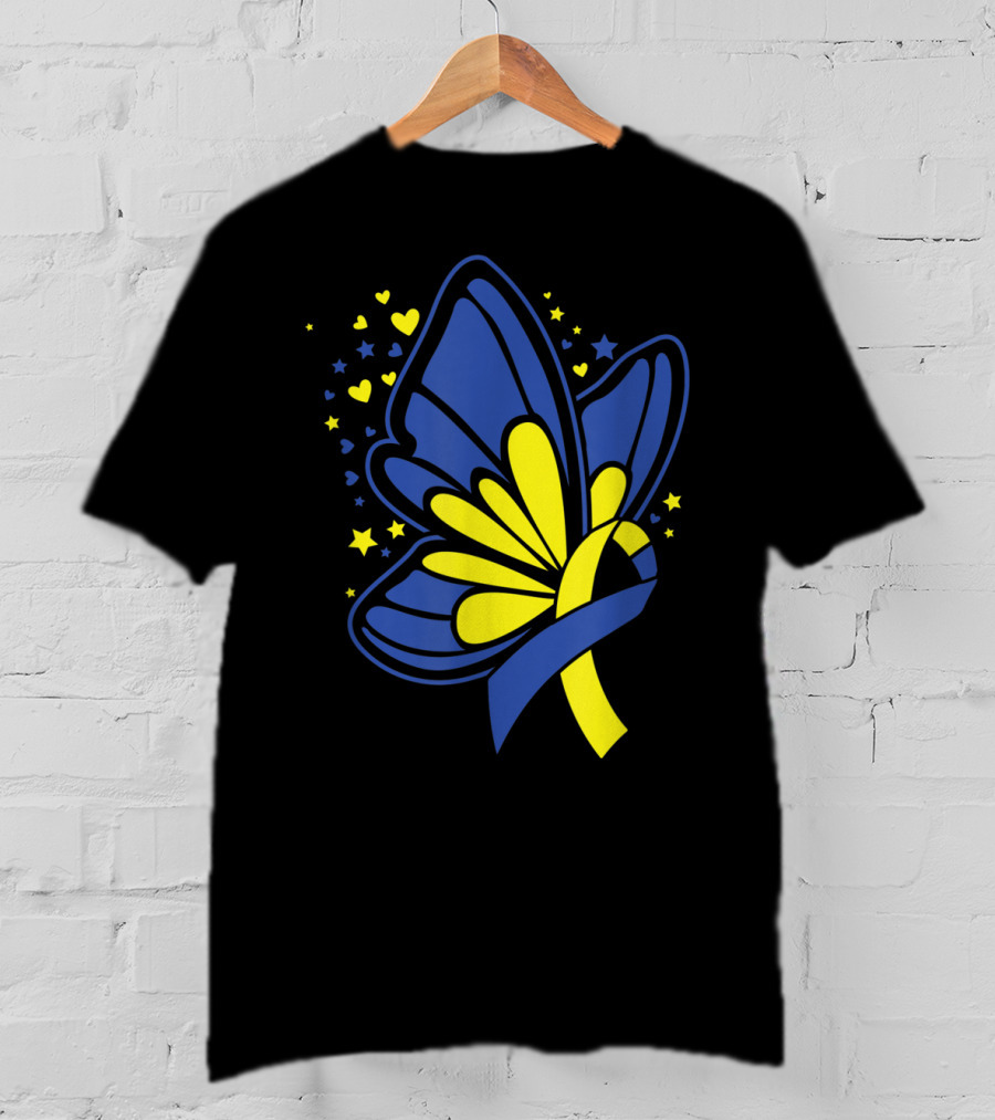Butterfly T21 World Down Syndrome Awareness Day Ribbon Hearts And Stars T-Shirt
