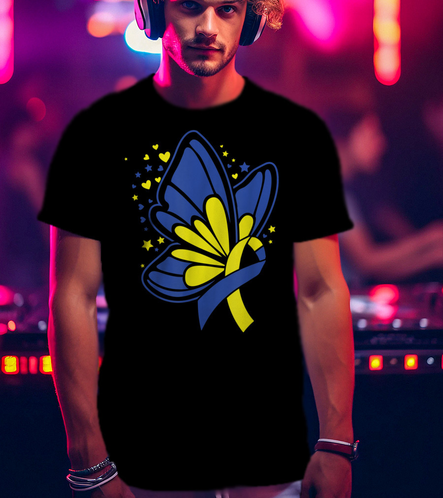 Butterfly T21 World Down Syndrome Awareness Day Ribbon Hearts And Stars T-Shirt