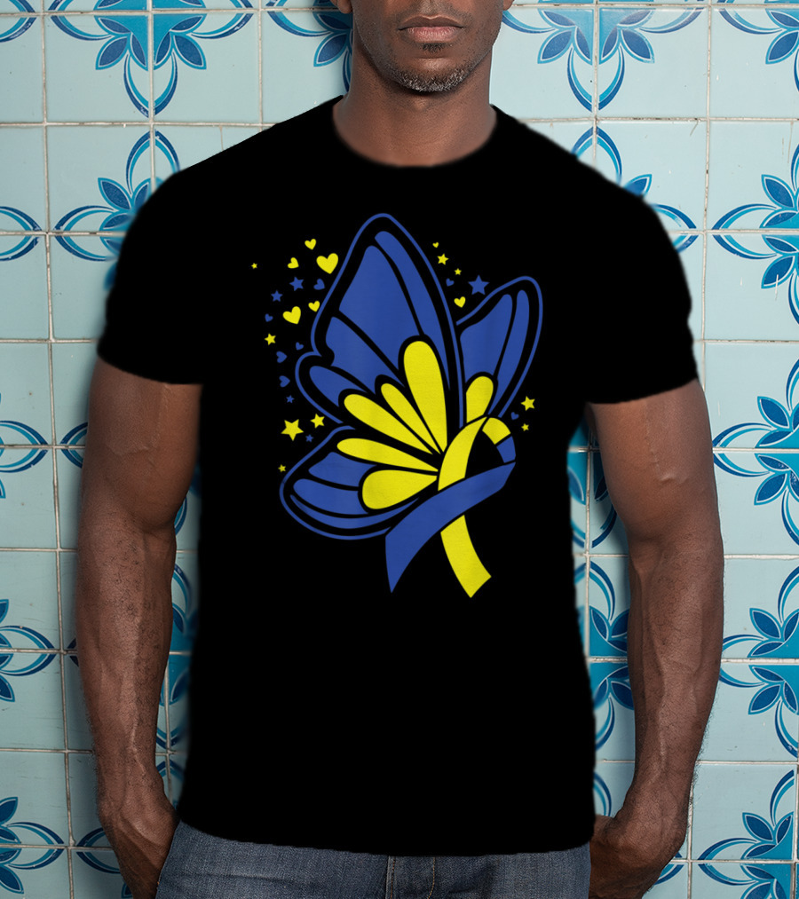 Butterfly T21 World Down Syndrome Awareness Day Ribbon Hearts And Stars T-Shirt