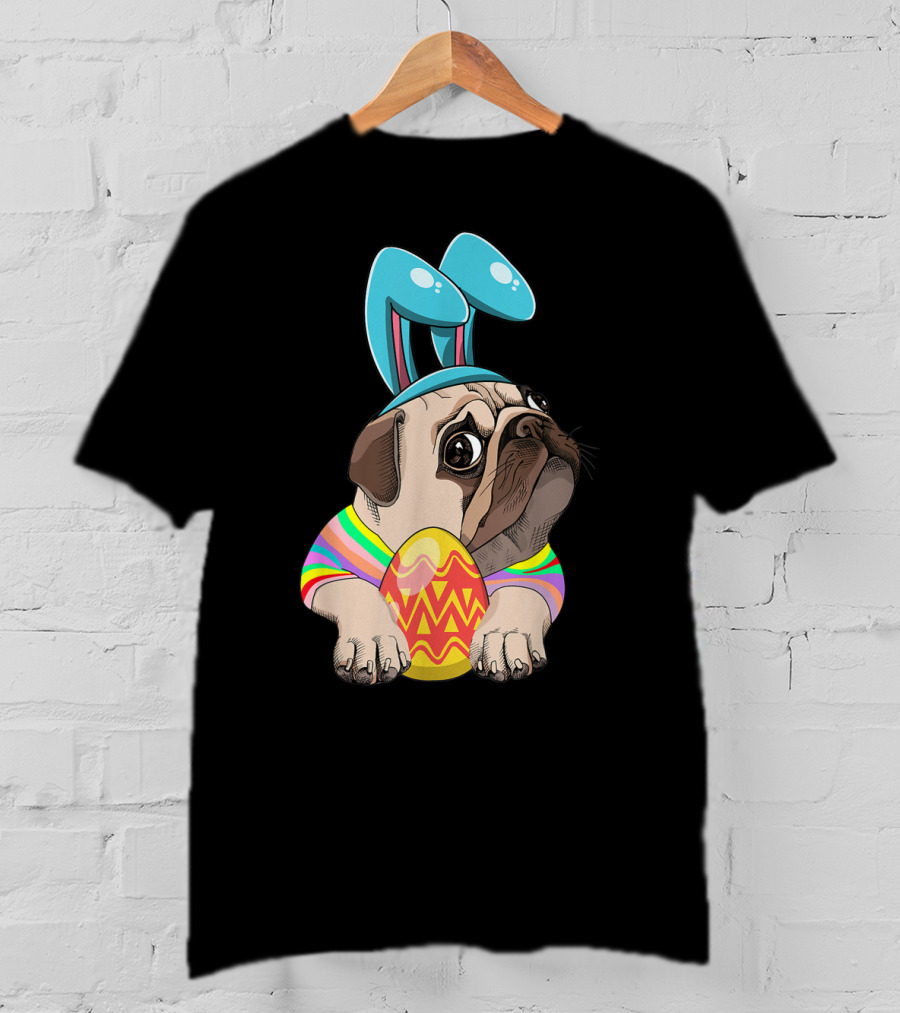 Cute Easter Pug With Bunny Ears Hugging Egg T-Shirt