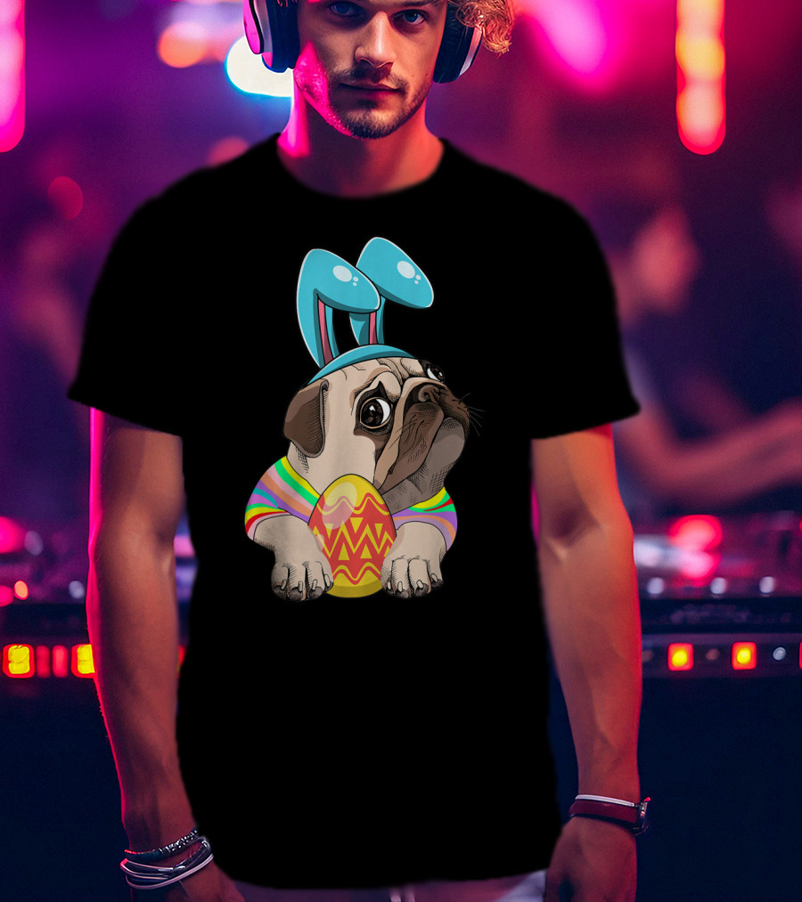 Cute Easter Pug With Bunny Ears Hugging Egg T-Shirt