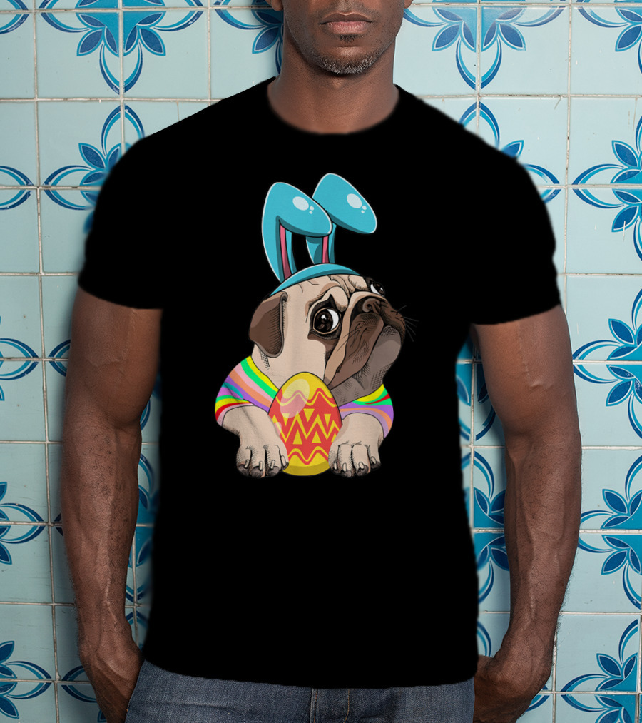Cute Easter Pug With Bunny Ears Hugging Egg T-Shirt