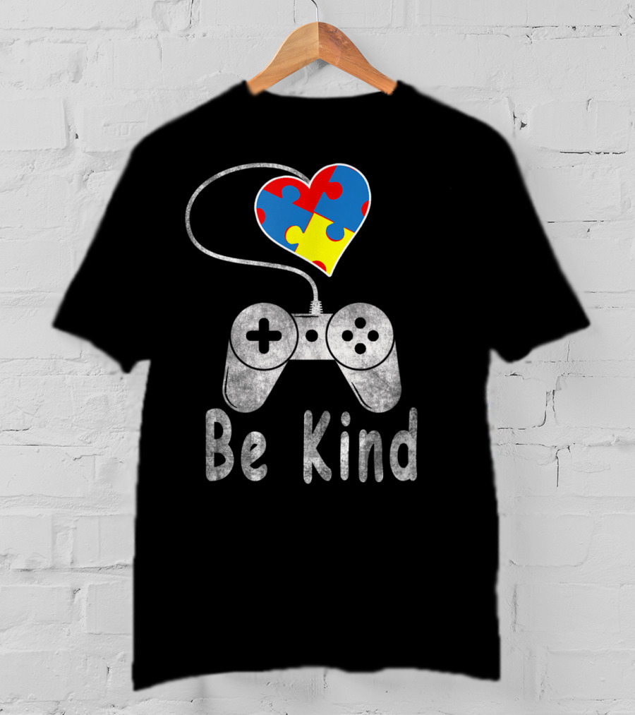 Be Kind Autism Awareness Puzzle Piece Heart Video Game Controller T-Shirt