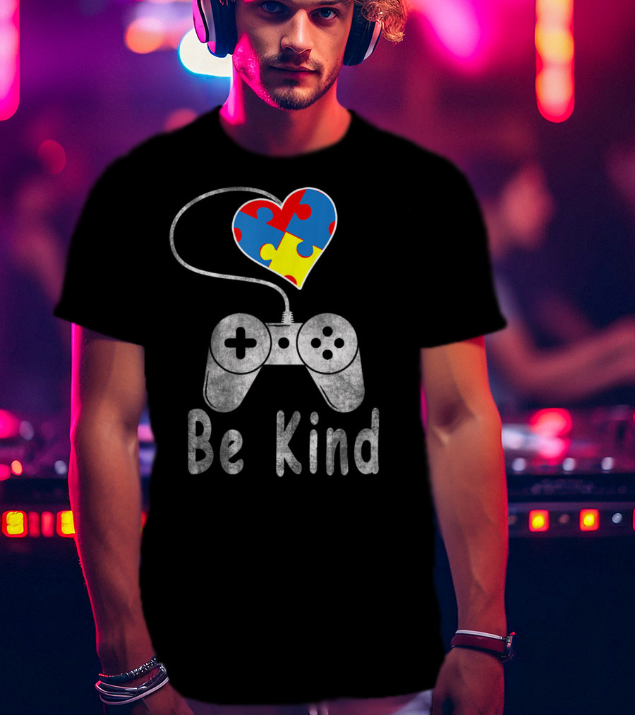 Be Kind Autism Awareness Puzzle Piece Heart Video Game Controller T-Shirt