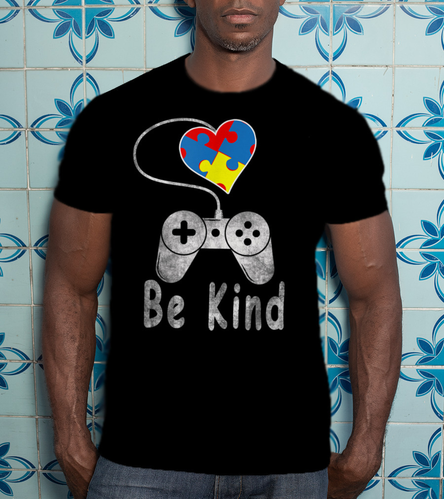 Be Kind Autism Awareness Puzzle Piece Heart Video Game Controller T-Shirt