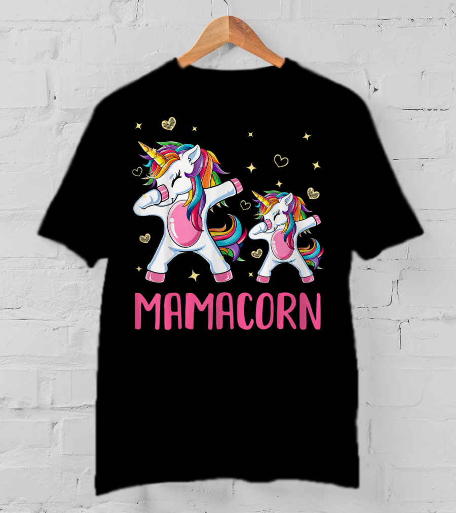 Colorful Dabbing Unicorns Mamacorn With Rainbow Hair And Hearts T-Shirt