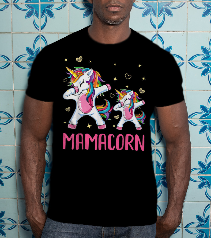 Colorful Dabbing Unicorns Mamacorn With Rainbow Hair And Hearts T-Shirt