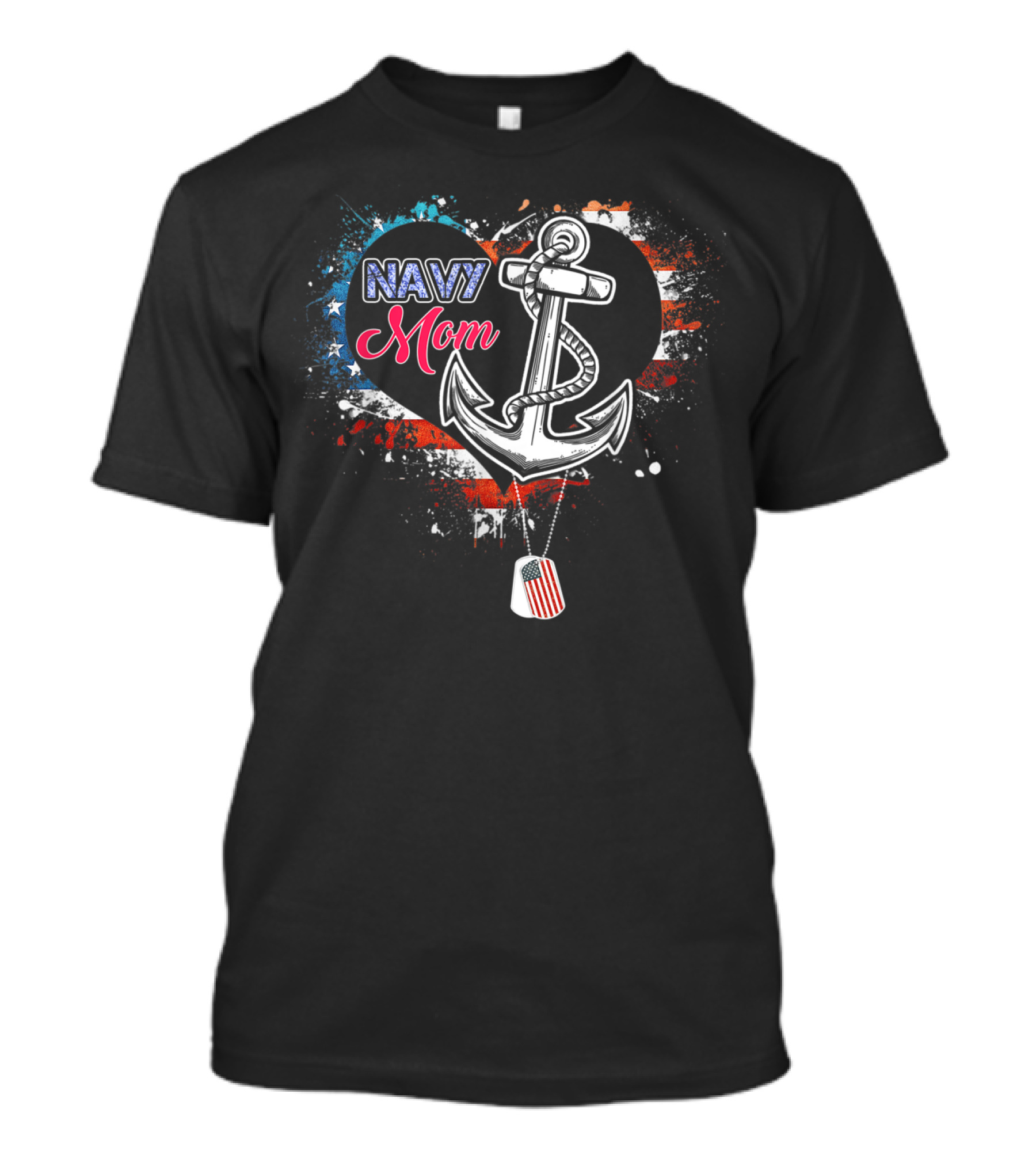 Navy Mom Anchor Heart American Flag Background T-Shirt