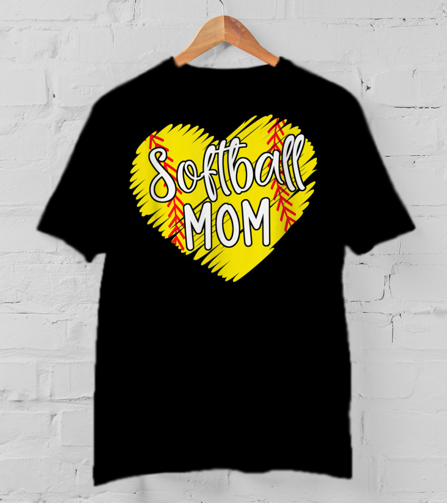 Softball Mom Heart Yellow Red Stitching Baller Mama T-Shirt