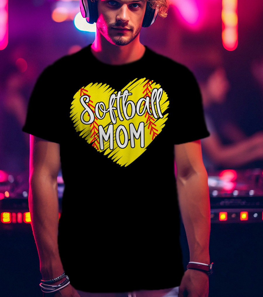 Softball Mom Heart Yellow Red Stitching Baller Mama T-Shirt