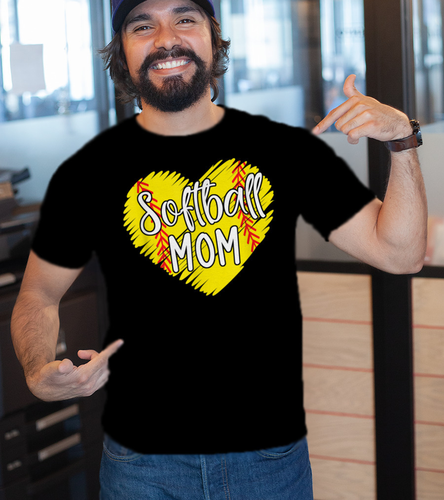 Softball Mom Heart Yellow Red Stitching Baller Mama T-Shirt
