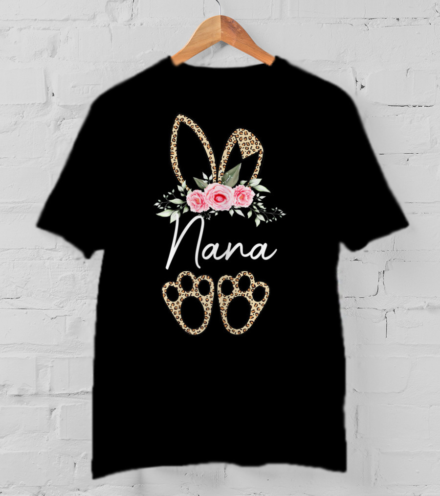 Nana Easter Leopard Print Bunny Ears And Floral T-Shirt