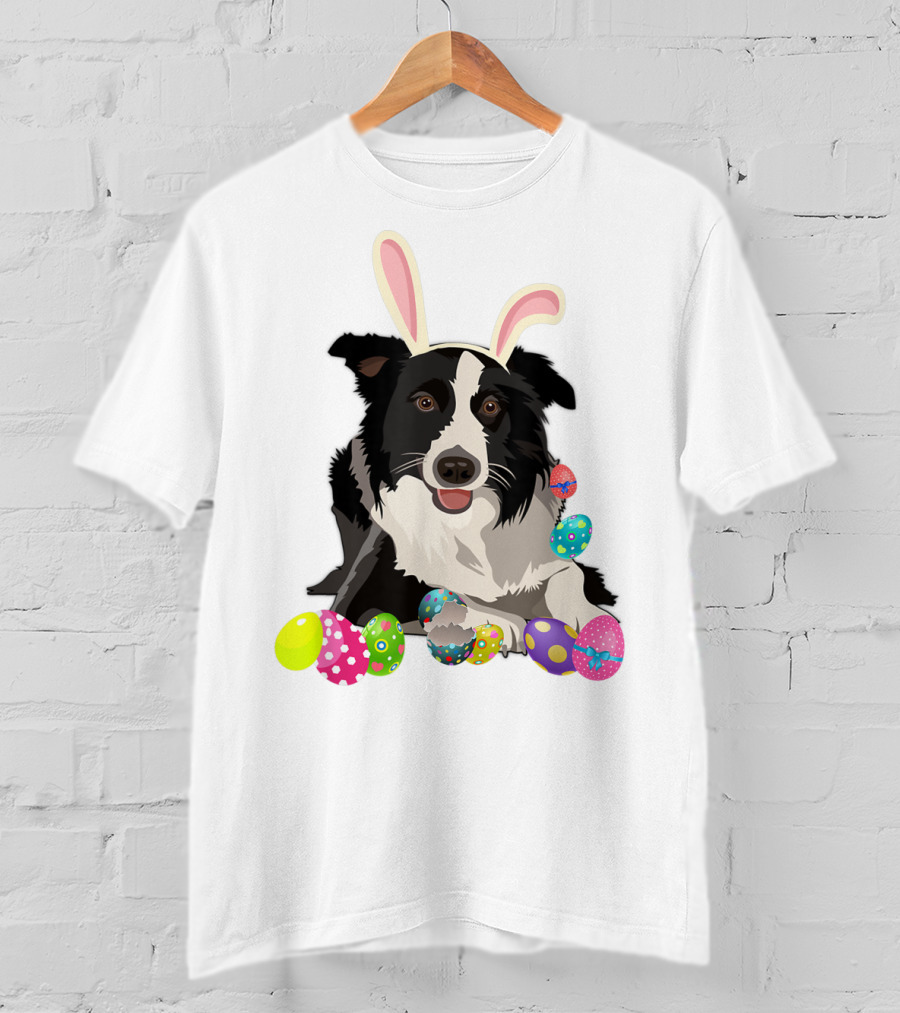 Border Collie Dog In Bunny Rabbit Hat With Colorful Easter Eggs T-Shirt