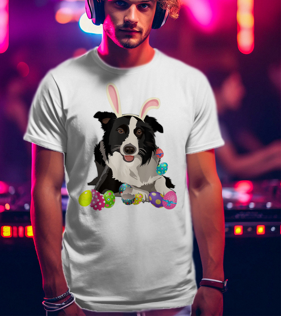 Border Collie Dog In Bunny Rabbit Hat With Colorful Easter Eggs T-Shirt