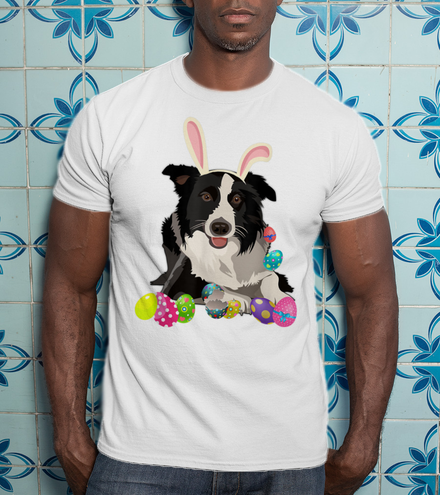 Border Collie Dog In Bunny Rabbit Hat With Colorful Easter Eggs T-Shirt