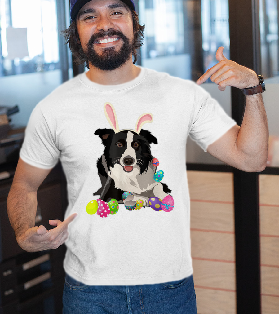 Border Collie Dog In Bunny Rabbit Hat With Colorful Easter Eggs T-Shirt