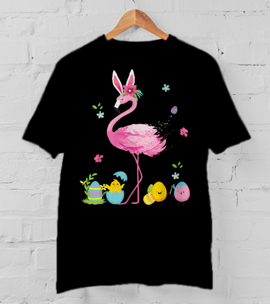 Easter Flamingo With Bunny Ears And Colorful Eggs T-Shirt