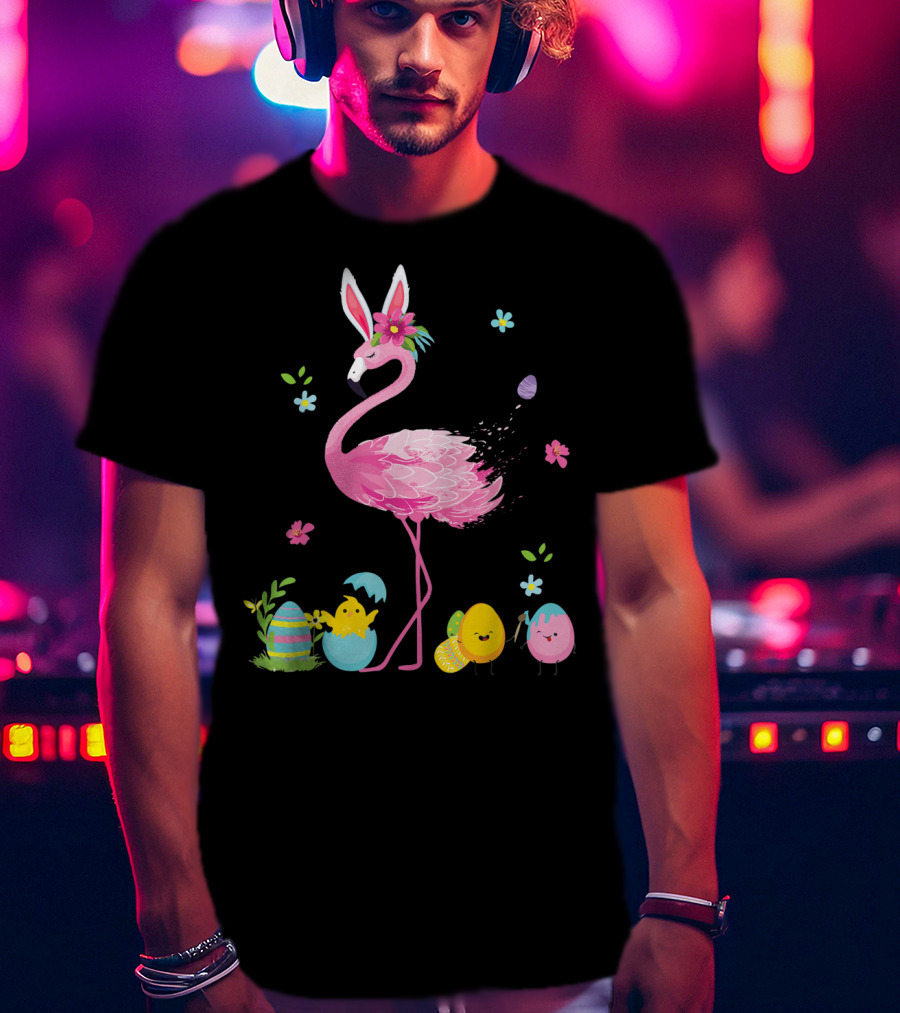 Easter Flamingo With Bunny Ears And Colorful Eggs T-Shirt