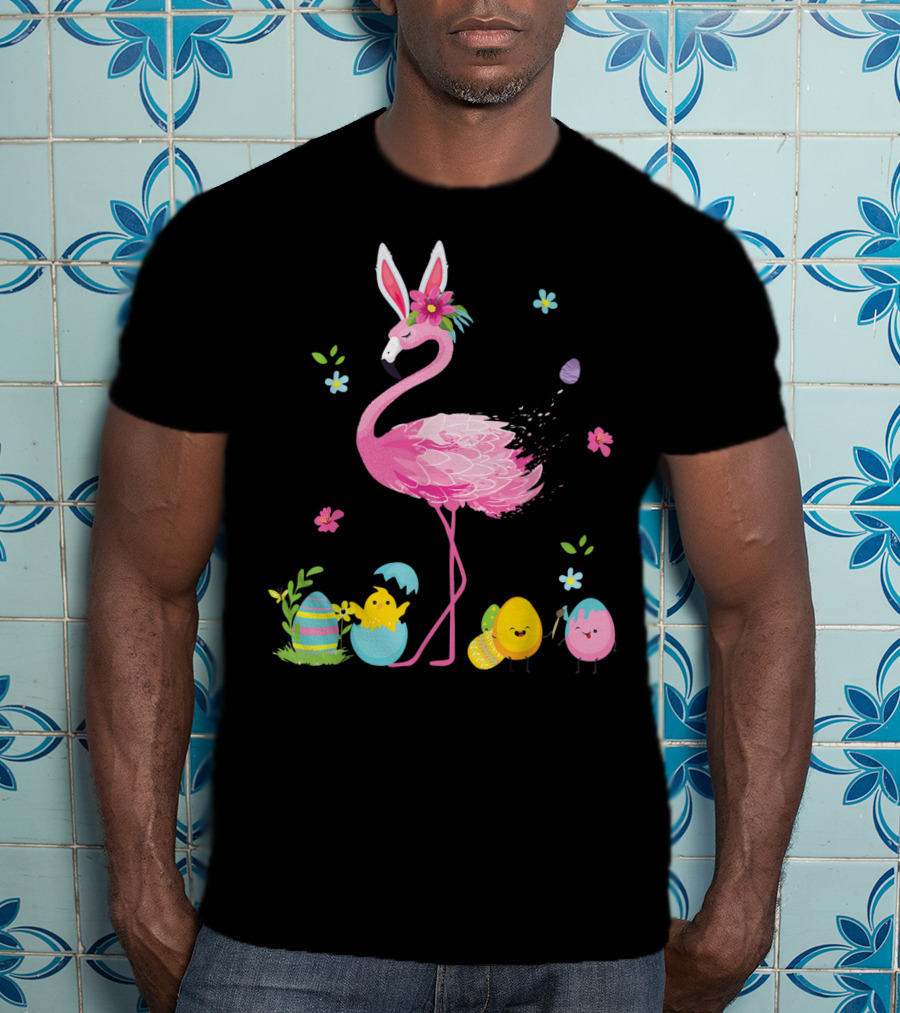 Easter Flamingo With Bunny Ears And Colorful Eggs T-Shirt