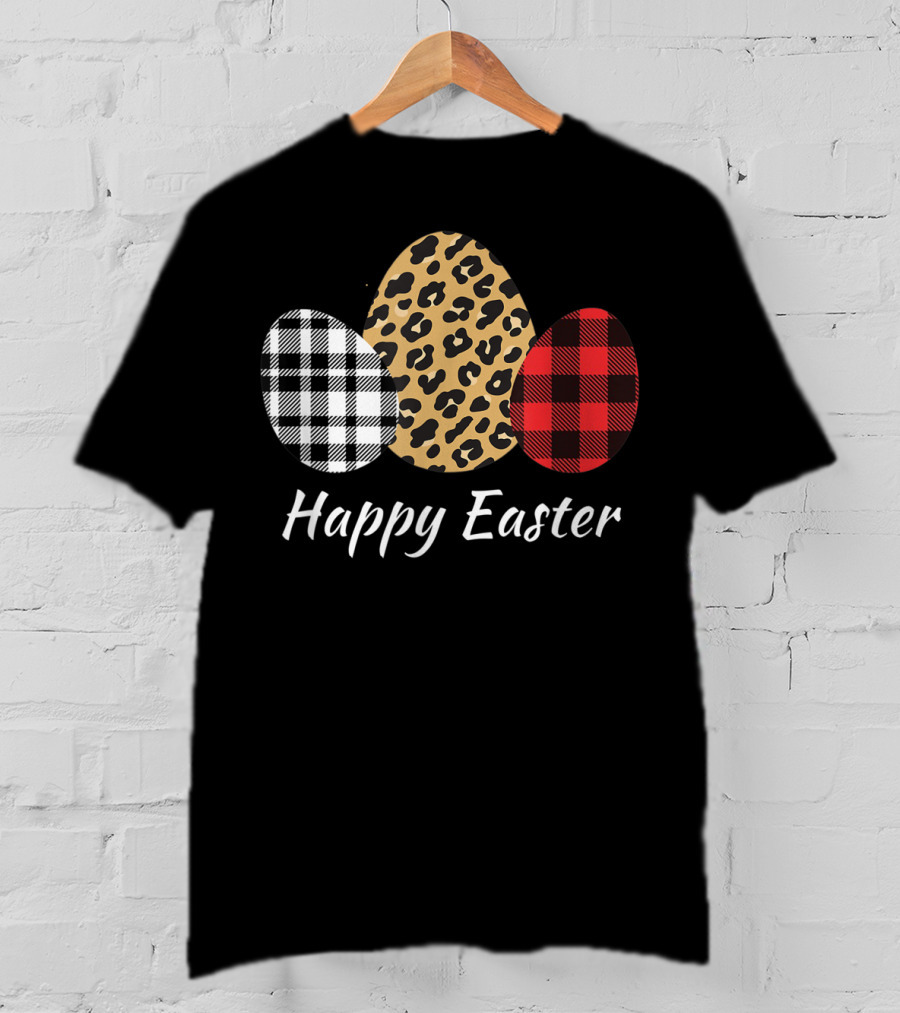 Happy Easter Eggs Buffalo Plaid Red Leopard T-Shirt