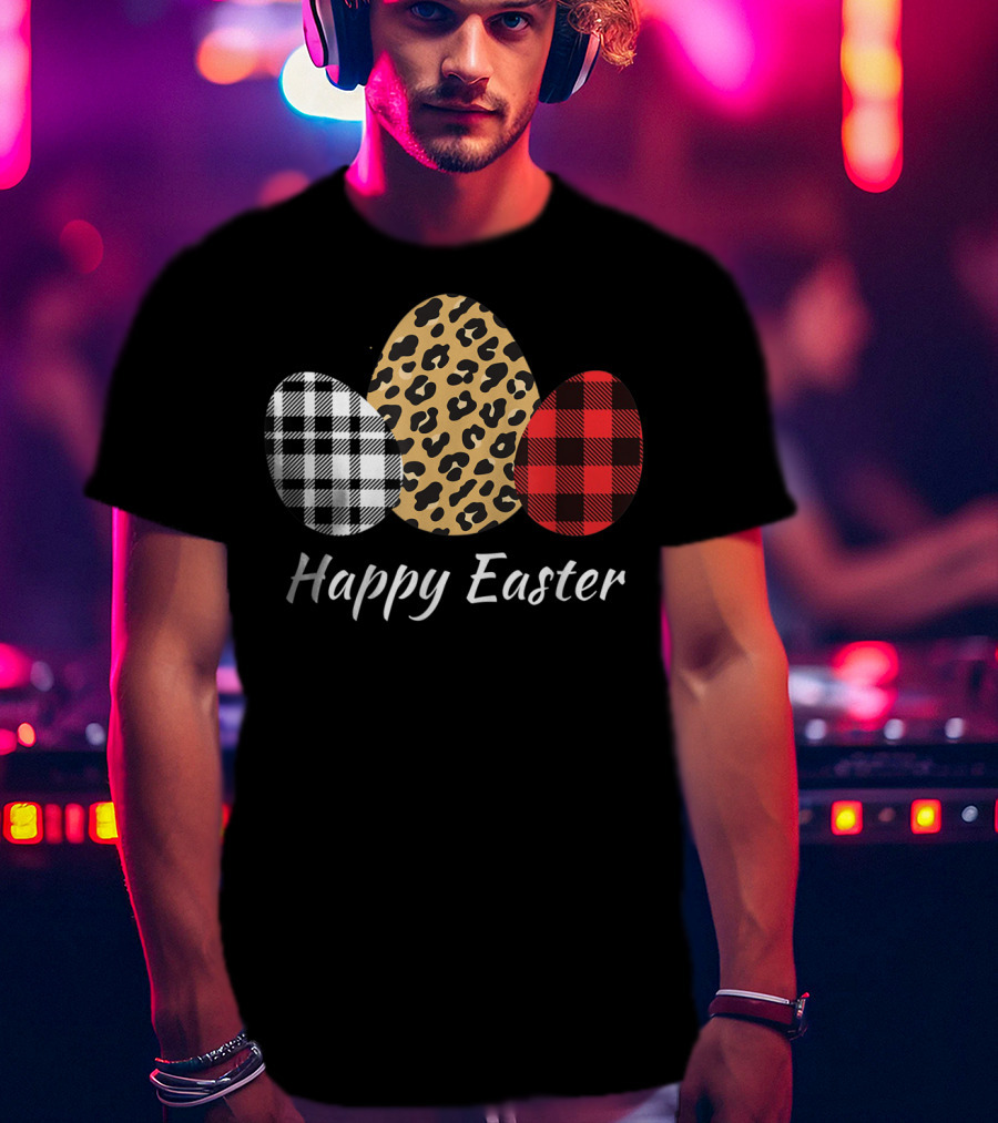 Happy Easter Eggs Buffalo Plaid Red Leopard T-Shirt
