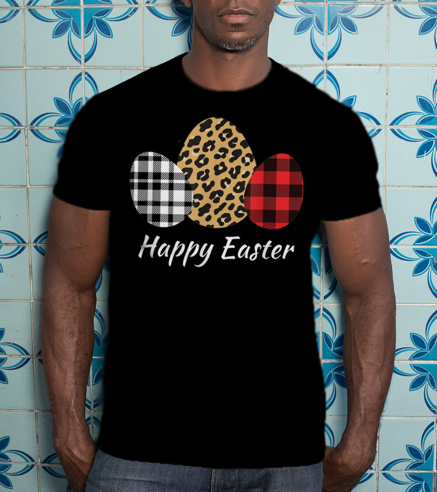 Happy Easter Eggs Buffalo Plaid Red Leopard T-Shirt